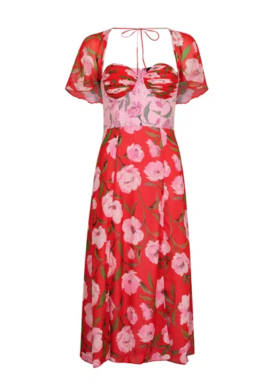 Rotate Birger Christensen Floral-print Sweetheart-neck Stretch Recycled-polyester Midi Dress In Pink