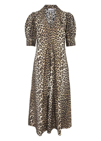 Ganni Animal Print Midi Dress Dresses Multicolor In Leopard