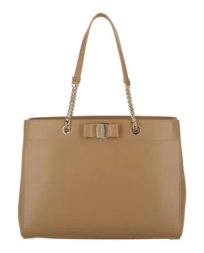 Ferragamo Vara Bow Smooth Leather Shoulder Bag Woman Shoulder Bag Beige Size - Calfskin In Brown