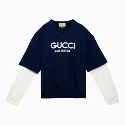Gucci Blue/white Cotton Sweatshirt With Logo Men In Grey