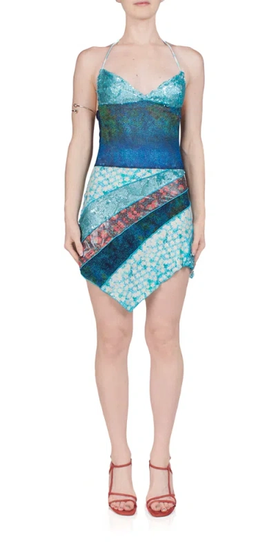 Siedres Nera Asymmetric Patchwork Mini Dress In Blue