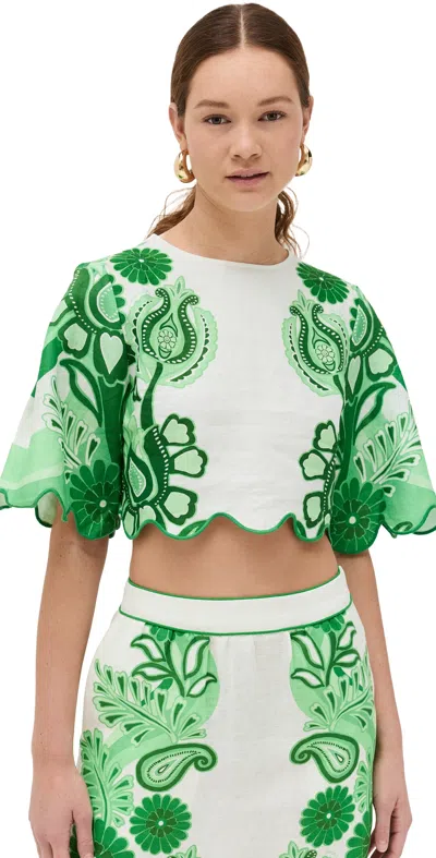 Farm Rio Festival Floral Linen Crop Top In Color Festival Green