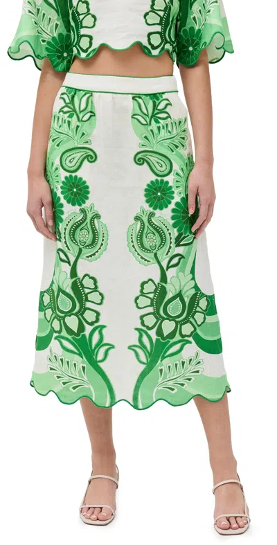 Farm Rio Festival Floral Linen Midi Skirt In Colour Festival Green