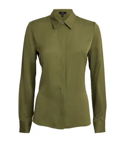 Theory Silk Fitted Shirt In Green