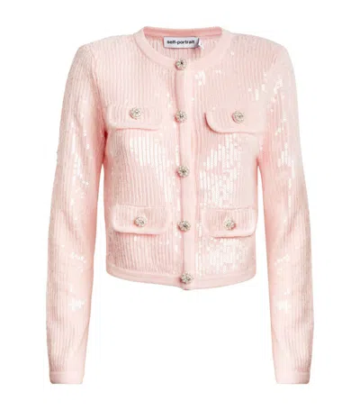 Self-portrait Sequin-embellished Ribbed-knit Cardigan In Pink