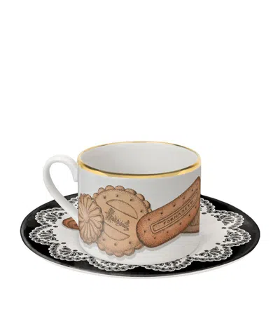 Fornasetti Anniversary Edition Set Of 2 Porcelain Biscotti Teacups And Saucers In Multi