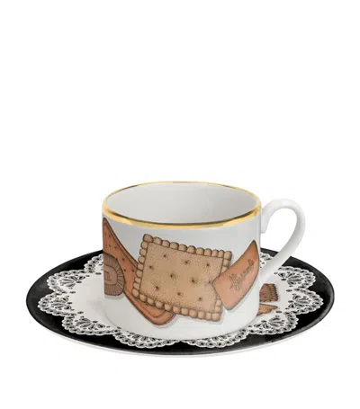 Fornasetti Anniversary Edition Set Of 6 Porcelain Biscotti Teacups And Saucers In Multi
