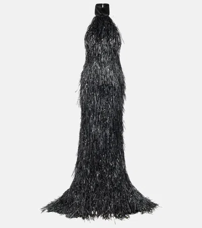 Laquan Smith Mock-neck Halter Fringe Gown In Black