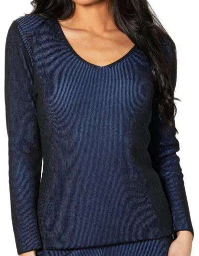 Angel Apparel Two Tone Ribbed V-neck Top In Cadet In Blue