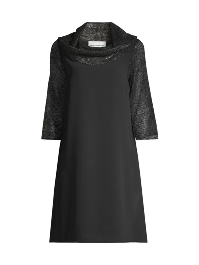 Caroline Rose Sequin Mesh Embroidery Combo Dress In Black Silver