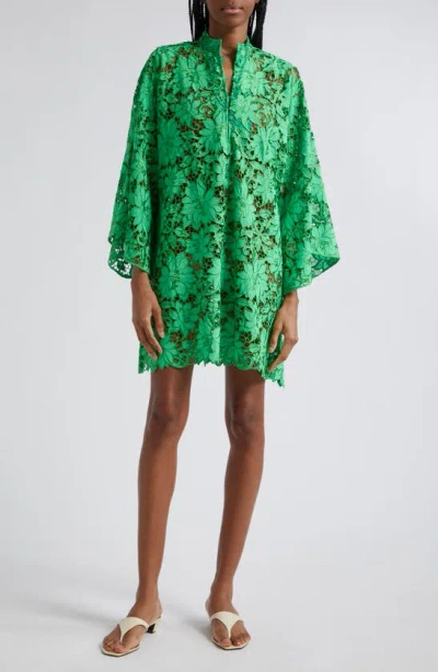 La Vie Style House High-collar Embroidered Floral Lace Mini Caftan In Green