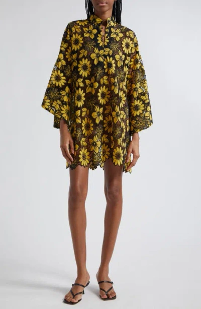 La Vie Style House Women's Sunflower Open-lace Long-sleeve Mini Caftan In Yellow