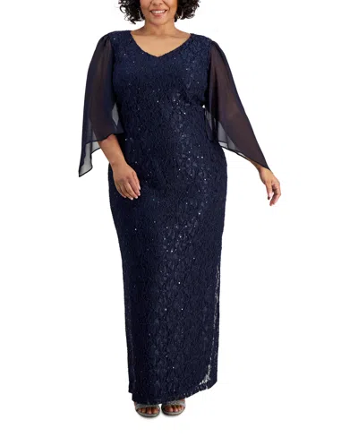 Connected Plus Size Embellished 3/4-sleeve Lace Gown In Navy