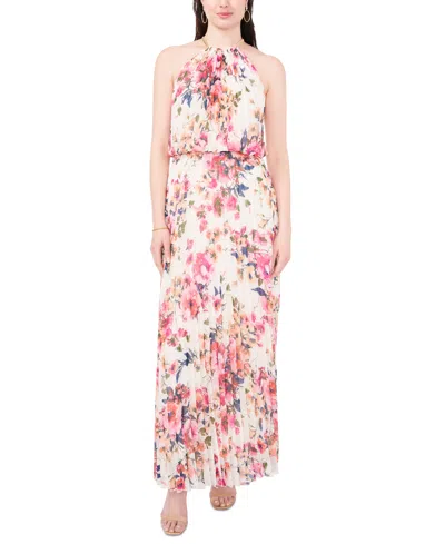 Msk Floral Print Pleated Dress In White,pink,peach