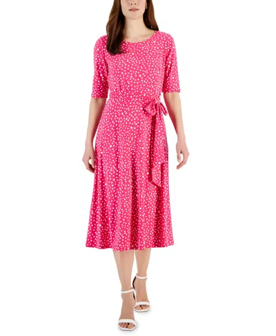 Kasper Plus Size Dot-print Fit & Flare Midi Dress In Pink Perfection,vanilla Ice