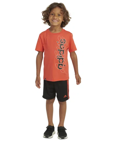 Adidas Originals Kids' Toddler & Little Boys 2-pc. Logo Graphic T-shirt & 3-stripes Mesh Shorts Set In Bright Red