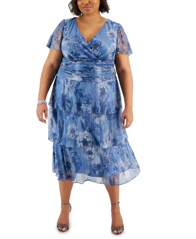Sl Fashions Plus Size Tiered Glitter A-line Midi Dress In Blue Multi