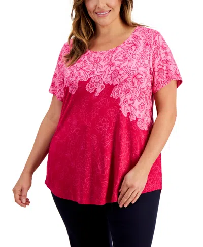 Jm Collection Plus Size Garden Etch Short-sleeve Top, Created For Macy's In Claret Rose Combo