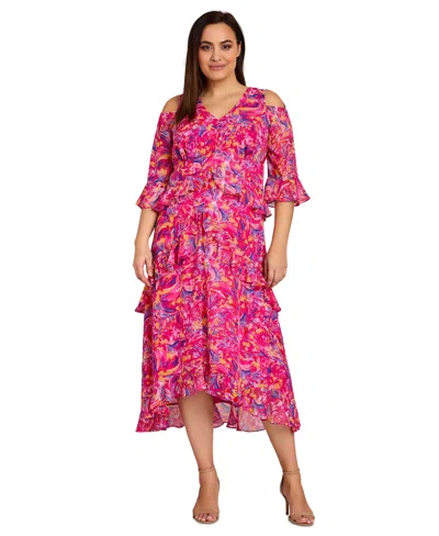 Tahari Plus Size Printed Cold-shoulder Tiered Ruffled Maxi Dress In Shocking Pink Multi