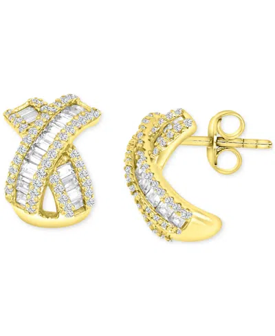 Macy's Cubic Zirconia Round & Baguette Crossover Curved Stud Earrings In Sterling Silver In Gold
