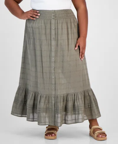 And Now This Trendy Plus Size Printed Button-front Maxi Skirt In Crushed Oregano