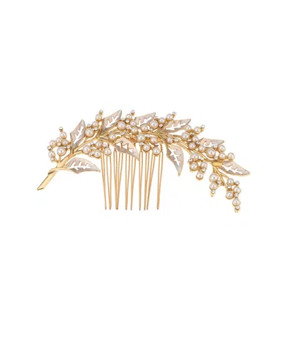 Ettika Ethereal Imitation Pearl Leaf Hair Comb In Rhodium