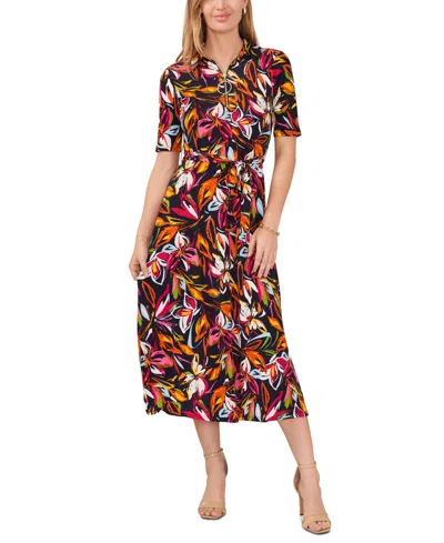 Msk Women's Printed Front-zip Collared Midi Dress In Navy,pink