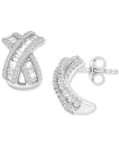 Macy's Cubic Zirconia Round & Baguette Crossover Curved Stud Earrings In Sterling Silver