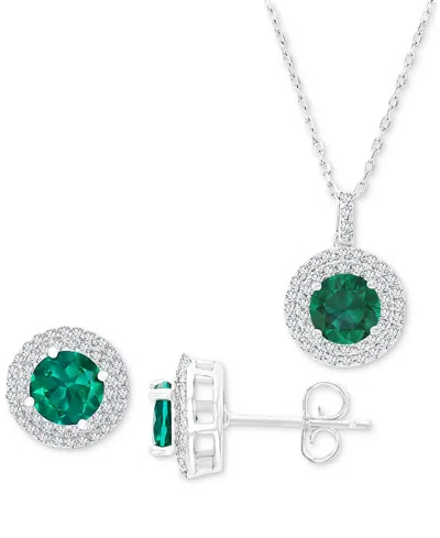 Macy's 2-pc. Set Lab-grown Emerald (3 Ct. T.w.) & Lab-grown White Sapphire (1 Ct. T.w.) Halo Pendant Neckla