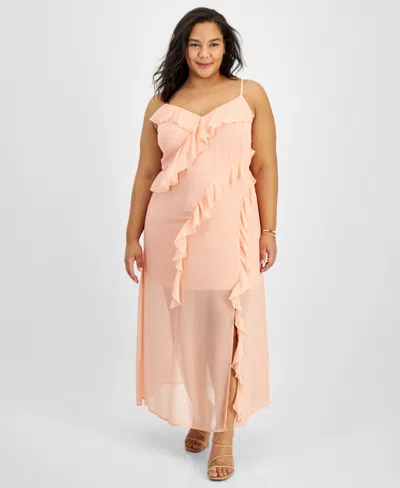 Bar Iii Trendy Plus Size Ruffled Chiffon Maxi Dress, Created For Macy's In Warm Coral
