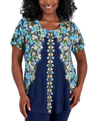 Jm Collection Plus Size Oaklyn Ornate Print Short-sleeve Top, Created For Macy's In Intrepid Blue Combo