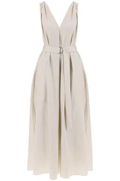 Brunello Cucinelli Maxi Flared Dress With Precious Shoulder In Neutro