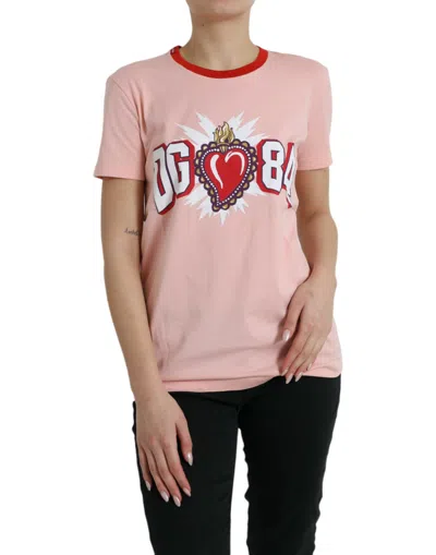 Dolce & Gabbana Pink Sacred Heart Cotton Crew Neck T-shirt In Red