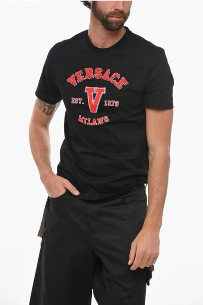 Versace Black Crewneck T-shirt With Teddy Logo Patch In Cotton
