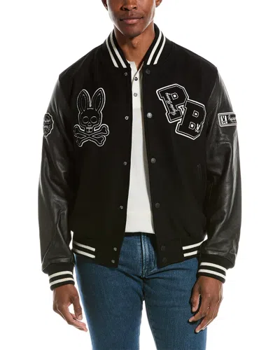 Psycho Bunny Robbins Wool-blend & Leather Varsity Bomber Jacket In Black
