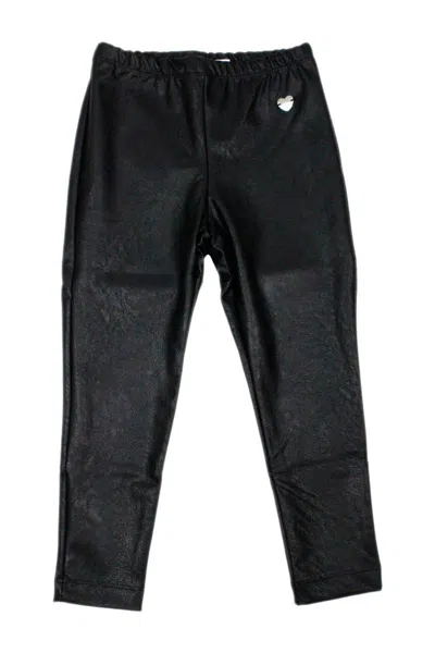 Monnalisa Kids' Leggings Trousers In Super Stretch Eco-leather With Applied Metal Heart In Black