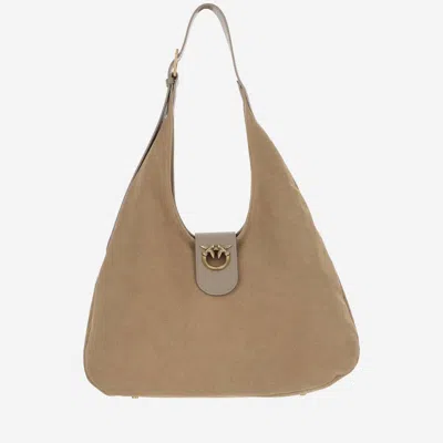 Pinko Suede Hobo Bag Big With Logo In Beige