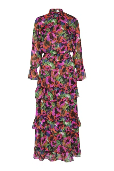 Misa Bethany Tiered Floral Chiffon Maxi Dress In Purple