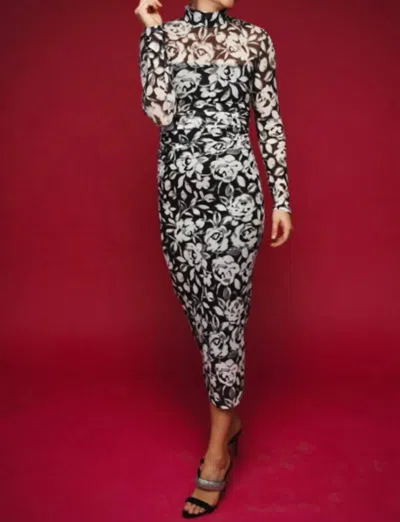 Amanda Uprichard Dominique Long Sleeved Printed Mesh Dress In Midnight Rose In Multi
