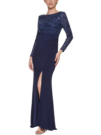 Vince Camuto Womens Mesh Embroidered Evening Dress In Blue