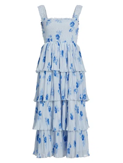 Ganni Floral Pleated Georgette Midi Dress In Blue