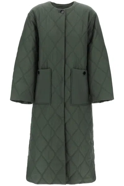 Ganni Quilted Midi Coat In Green