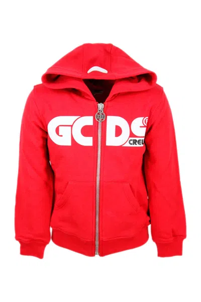 Gcds Kids' Hooded Sweatshirt With Zip And Fluo Writing In Red