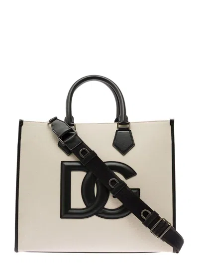 Dolce & Gabbana Man's Black And White Cotton Shopper Bag With  Embossed Logo