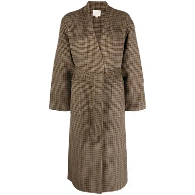 Louise Misha Herringbone-pattern Tied-waist Coat In Brown