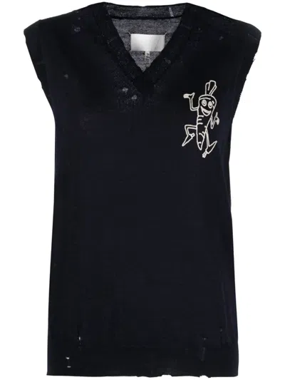 Maison Margiela Embroidered Wool Vest In Blue