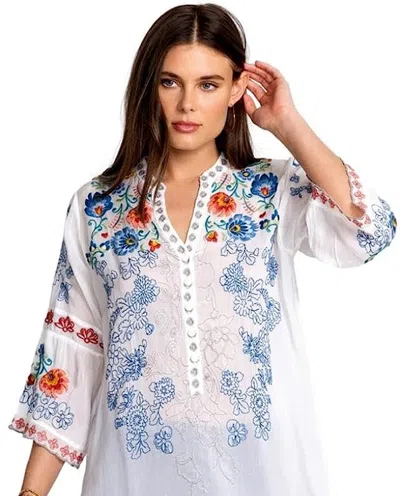 Johnny Was Maverick Floral-embroidered Bell-sleeve Blouse In White