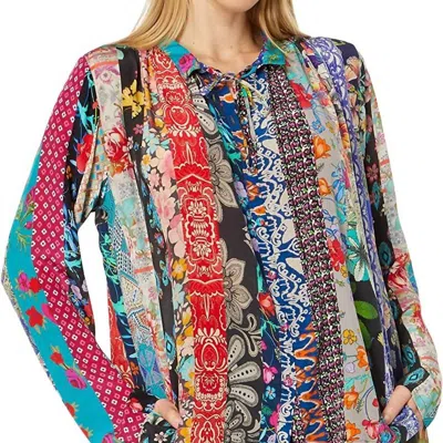 Johnny Was Treble Sofia Button Up Silk Blouse In Multi In Blue