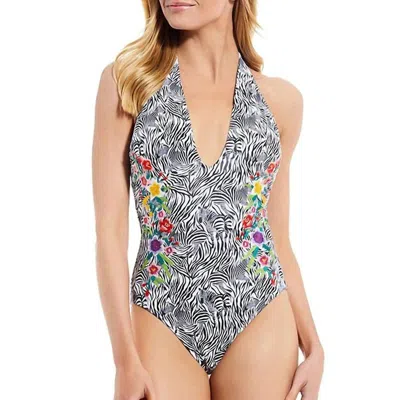Johnny Was Spring Halter Embroidered One-piece Swimsuit In Multi In Blue