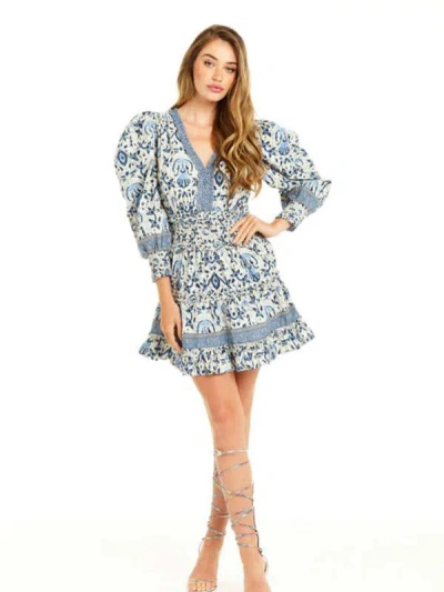 Love The Label Eleanor Mabelline Print V-neck Tiered Mini Dress In White/blue